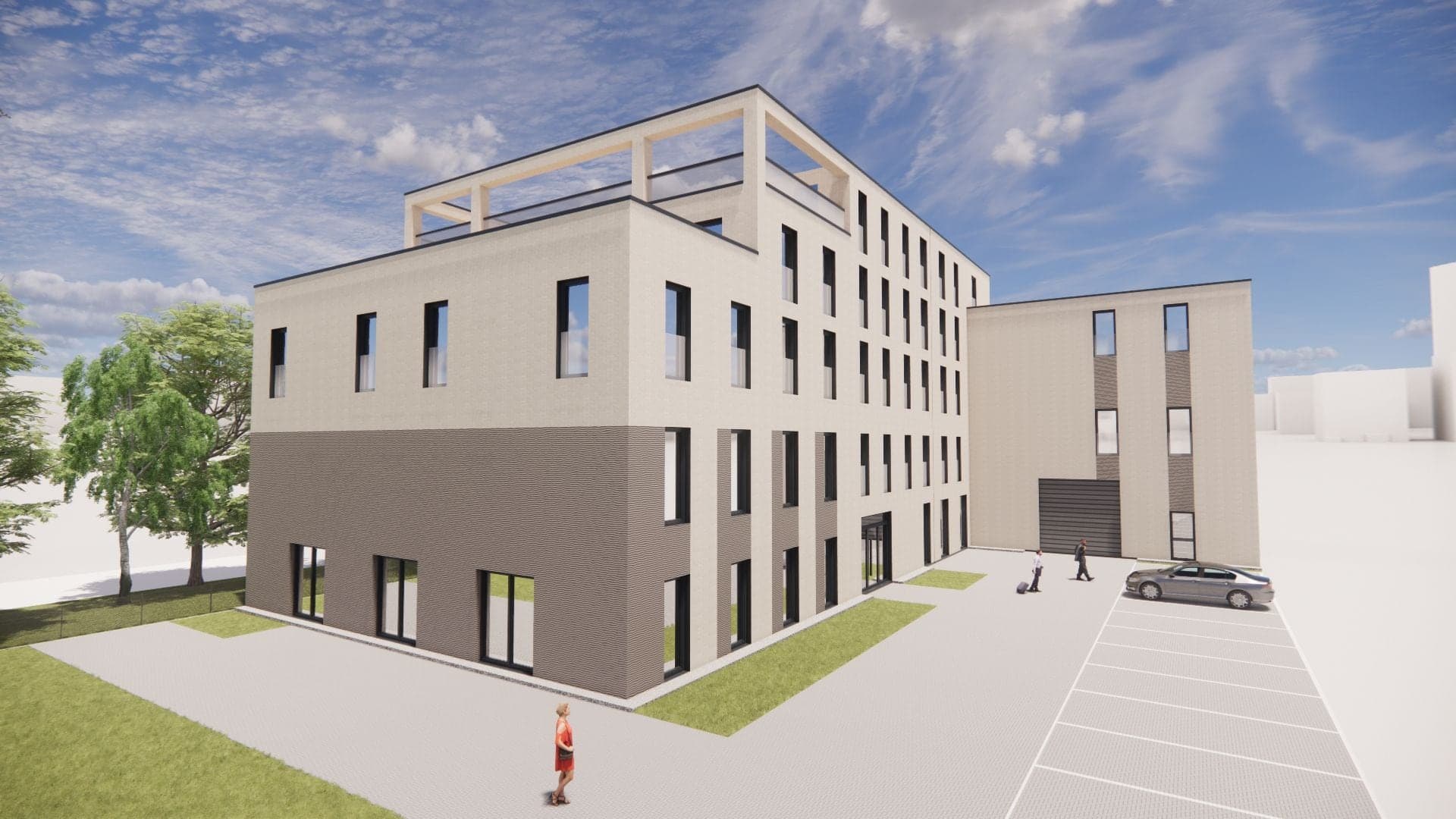 Visualisierung der Gebäudeecke mit dunklem Klinkersockel