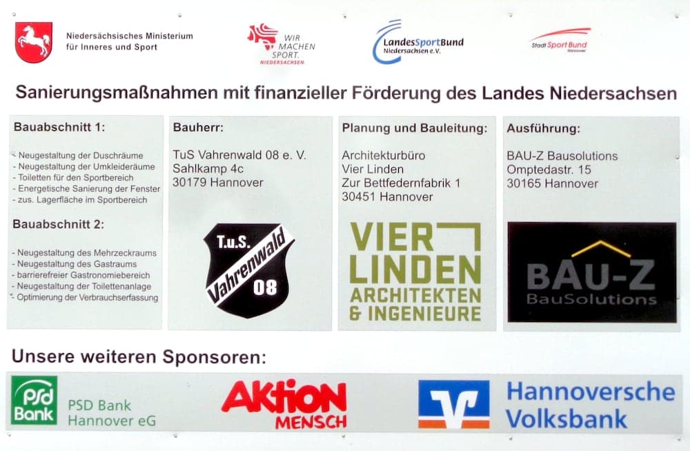 Bauschild zur geförderten Sanierung des Vereinshauses des TuS Vahrenwald 08